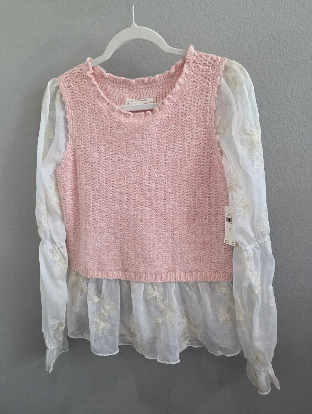 Anthropologie Pink Knit with White Embroidered Chiffon Sleeves